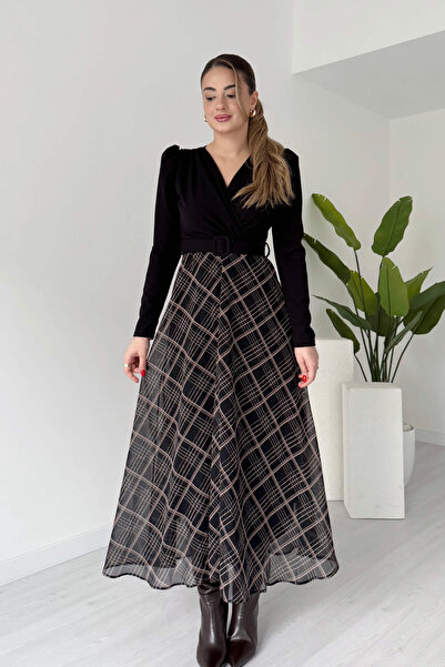 MOZENA Διπλόπλευρο καρό φόρεμα με γιακά και ζώνη από κρεπ