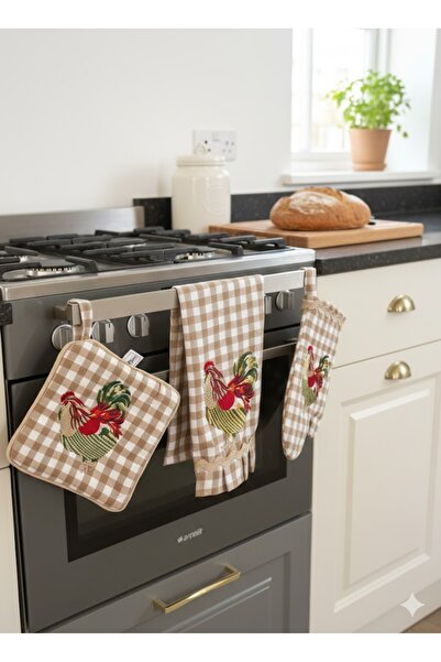 Çengelli İğne Farm Inspired Embroidered Rooster Patterned Kitchen Set – 3 Pieces