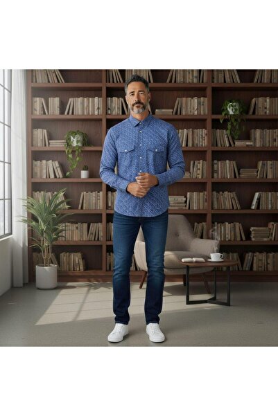 GÖMLEK GALERİSİ Classic Wide Cut Digital Print Patterned Double Pocket Long S...