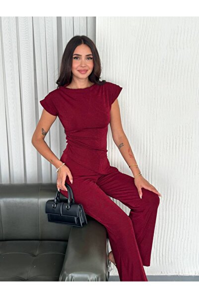 By Kuzey Aras Elegant Draped Buzy Fabric Padded Blouse and Trouser Set