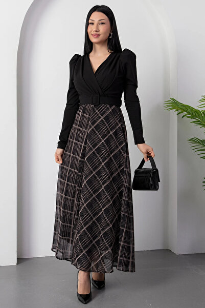 MOZENA Double-Breasted Collar Skirt Plaid Belted Crepe Dress