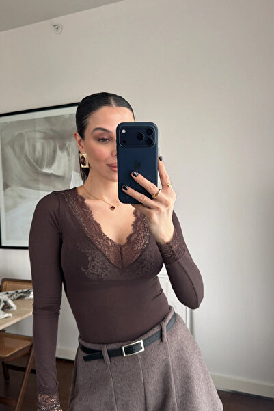 MİROR Women's Coffee Lace Cashmere Blouse