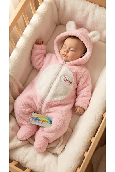 Baby Clime 0–12 Ay İsimli Bebek Tulumu – Peluş Ayıcık Kapüşonlu Ayaklı Tulum