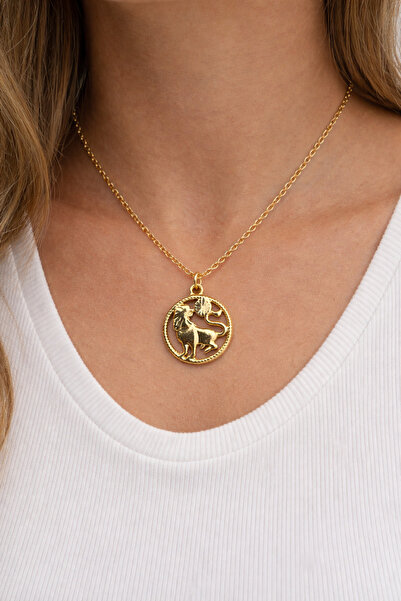 kuqpeli Gold Renk Aslan Burcu Figürlü Yuvarlak Madalyon Kolye