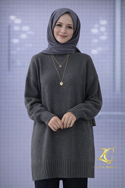 UZÇE MODA سترة تونيك نسائية كبيرة الحجم بلون الأنثراسايت مع ياقة الدراجة