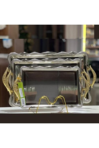 Generic Royal Serving Tray Set 3 Pieces - Silver with Golden Handles and Engr...