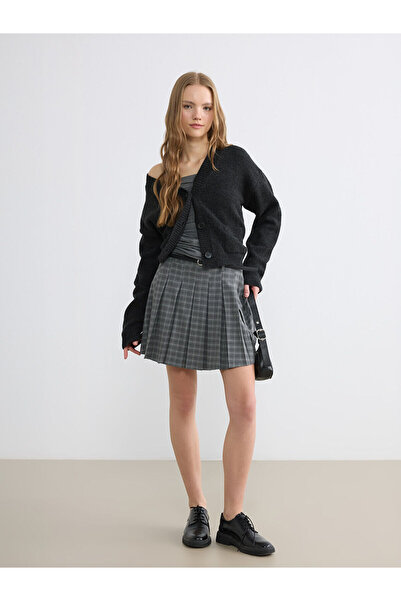 LC Waikiki Peak New Season Plaid Pleated Mini Skirt with Belt at the Waist