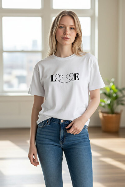 AHMERA Unisex White Love2 Printed Regular Fit Short Sleeve Basic T-Shirt
