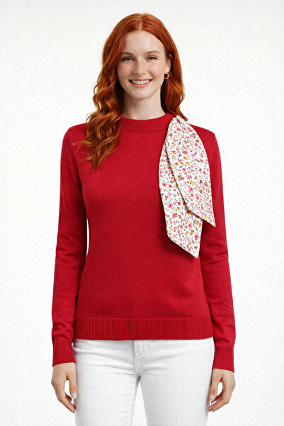 Neden Tekstil Red Scarf Detailed Half-Throat Knitwear Sweater