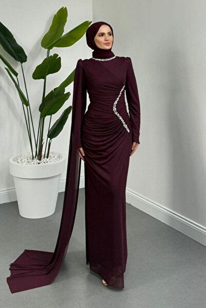 Şulemoda Giyim فستان سهرة من التول اللامع بتفاصيل حجرية بلون البرقوق