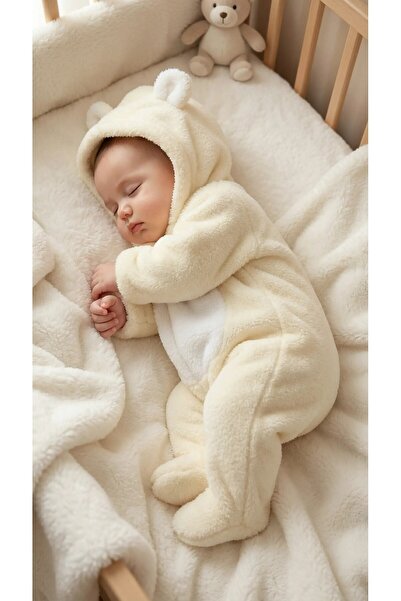 Baby Clime 0–12 Ay İsimli Bebek Tulumu – Peluş Ayıcık Kapüşonlu Ayaklı Tulum