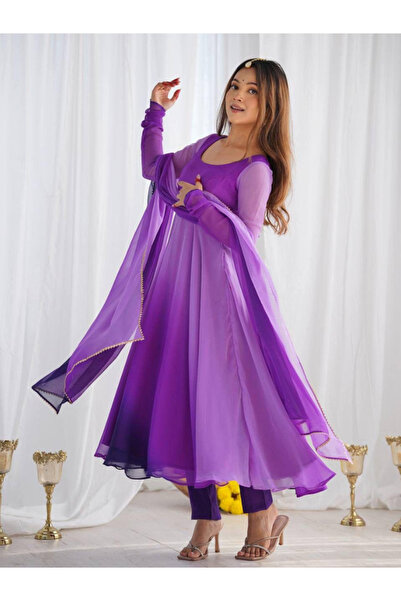 MYSMAR طقم فستان وشال من قماش جورجيت صناعي بنفسجي اللون - HRT5978 | بنفسجي