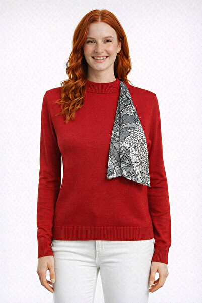 Neden Tekstil Red Scarf Detailed Half-Throat Knitwear Sweater