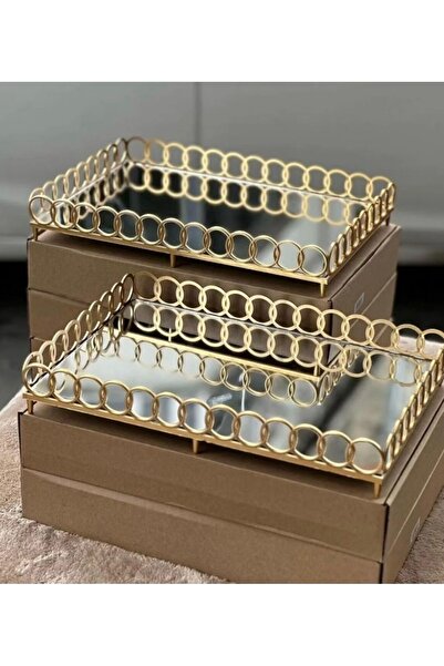 ASYA PAZARLAMA Luxury Mirrored Presentation Tray Gold Color Tray with Gold Ri...