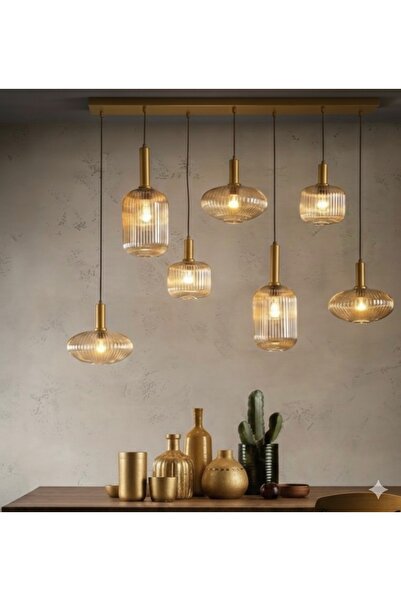 demet habek mylights Yedili Bal Cam Masaüstü Tavan sarkıt Avize Mat Altın Gol...
