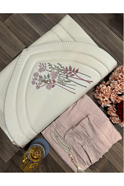 Gerenic سجادة صلاة بيضاء مطرزة مع غطاء رأس وردي