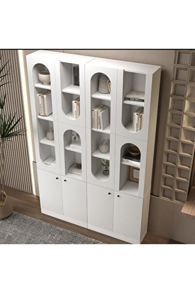 klubeconcept MİHRAP Beyaz Kemer Formlu Kitaplık Ünitesi Vitrin | 140×30×210 cm