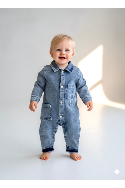 BEREN %100 Pamuk Erkek Bebek Jean Tulum Eskitme Detaylı Çıtçıtlı/Düğmeli Deni...