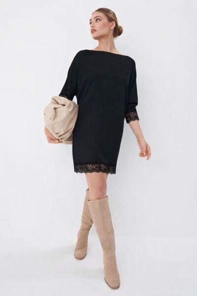 MAG FASHİON Lace Black Knitwear Dress Bat Sleeve Boat Neckline