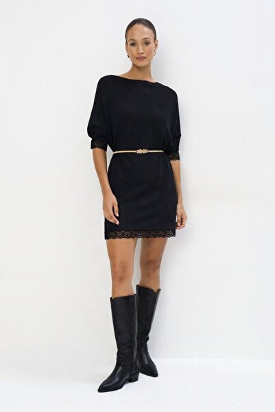 MAG FASHİON Lace Black Knitwear Dress with Bat Sleeves and Boat Neckline (Wit...