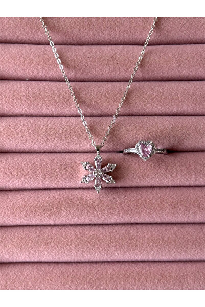 ACQUA BELLA 925 Ayar Gümüş Pembe Zirkon Taşlı Manolya Çiçeği Kolye ve Kalpli ...