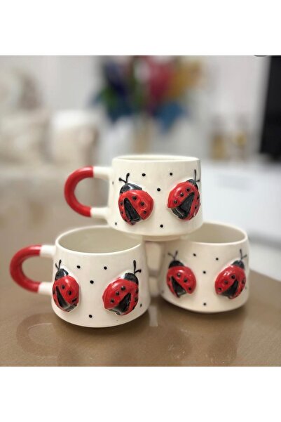 Renkli Hobi Evi Uğur Böcekli Seramik Bardak / Fincan