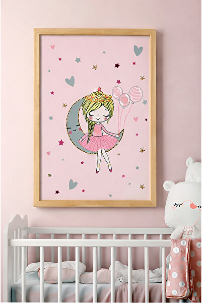 Bebişim Halı Kız Çocuk Odası Prenses Tablo Ay Üstünde Balonlu Çocuk Odası Duv...