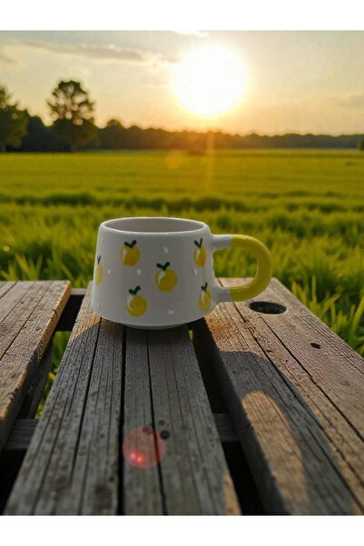 KACASTORE Seramik El Çizimi Hediyelik Kupa Bardak Limon Desenli