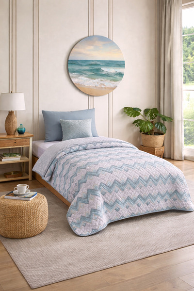 LilaMOON Mint Colored Single Patterned Quilted Pique Bedspread Set (Pique+Pil...