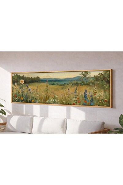 Tuba Decor Tek Parça Gerçek Ahşap Yatay Panorama Çerçeveli Tablo çiçek tarlası