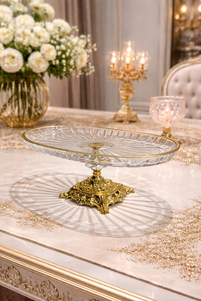 silvia home decor Paşabahçe Gold Metal Footed Presentation Bowl with Gilt Detail