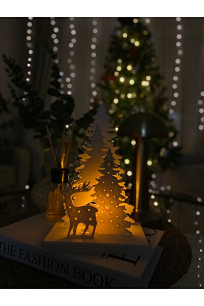 Dekoratif Çam Ağacı ve Geyikli Tealight Mum Hediyeli- 3 Boyutlu Masa Üstü Dekor