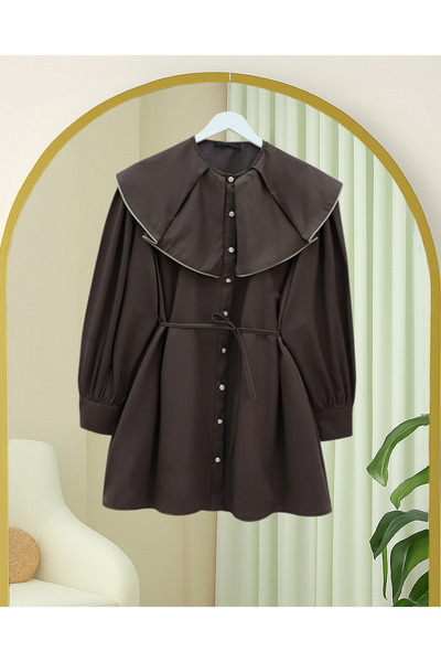 Modamorfo Wide Collar Ribbed Belted Buttoned Shirt -K. Brown