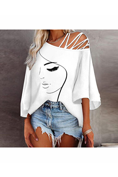 GENERAL White, one-shoulder, half-sleeve blouse with a casual girlface print