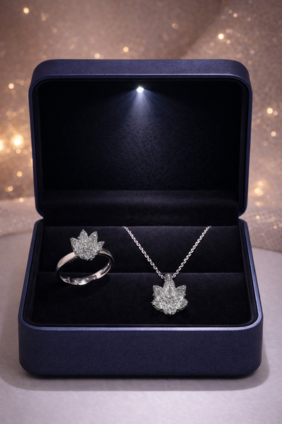 Siset Gümüş 925 Ayar Ayarlamalı Yüzüklü Lotus Çiçeği Aşk Güneşi Gümüş Set