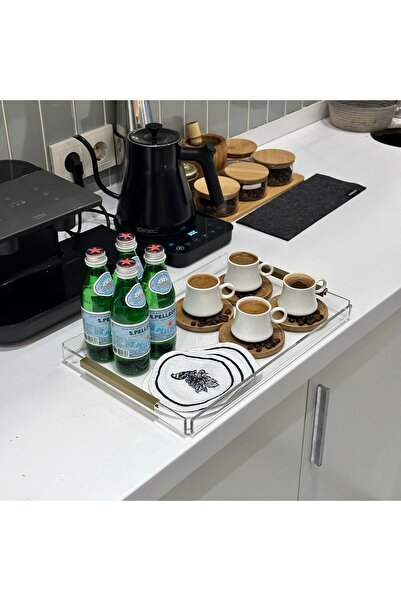 MELOR DESİGN Pleksi Tepsi Düz Kulp 4-6 Kişilik Kahve/Çay