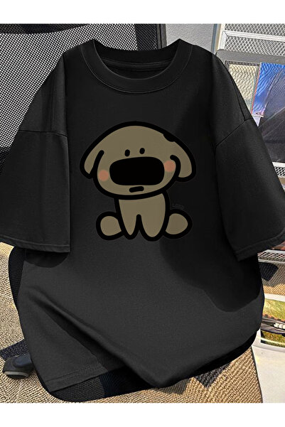 ibibik moda Özel Dog Printed Oversize Cotton Crew Neck T-Shirt