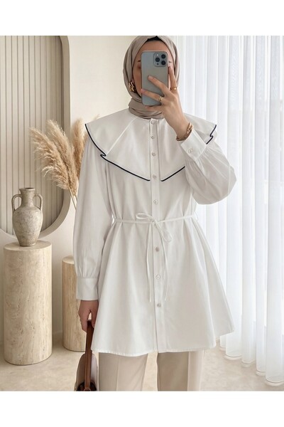 Modamorfo Wide Collar Ribbed Belted Buttoned Shirt -White