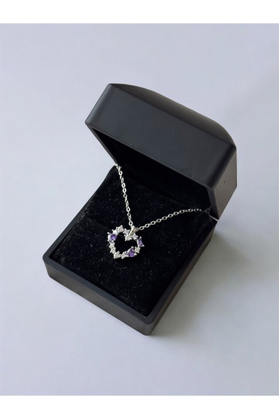 ACQUA BELLA 925 Ayar Gümüş Mor Taşlı Kalp Kolye Sevgililer Günü Hediyesi Kadı...