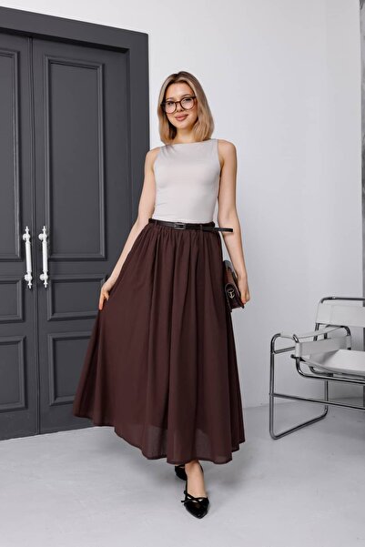 Milamia Belted Inner Lined Long Voile Linen Casual Skirt
