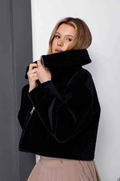 Milamia Women's Crop Biker Boy Fox Cashmere Coat