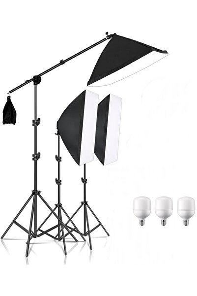 AZT Youtube Vlog Tiktok Canlı Yayın 3 Lü Crossbarlı 50x70cm Softbox 3x65w Amp...