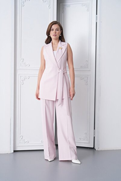 nodilife Kuşaklı Broş Detay Yelekli Kadın Takım Açık Pembe
