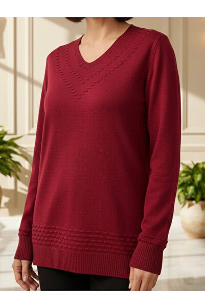 tiriTEK TRİKO V-Neck Nopenli Seasonal Young Mother Blouse / Burgundy