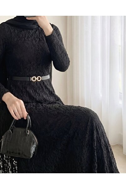 Modamorfo Belted Lined Guipure Lace Dress -Black