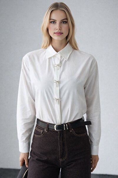 LOOSH Kadın Siyah Fiyonk Düğmeli Pamuklu Gömlek