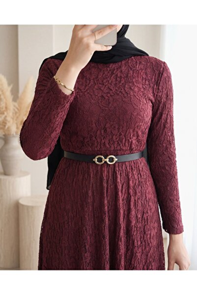 Modamorfo Belted Lined Guipure Lace Dress -Burgundy