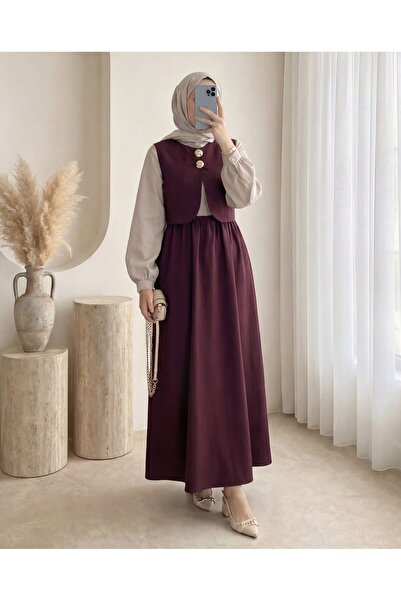 Modamorfo Elastic Waist Half Buttoned Zra Cupra Vest Dress Set -K. Burgundy