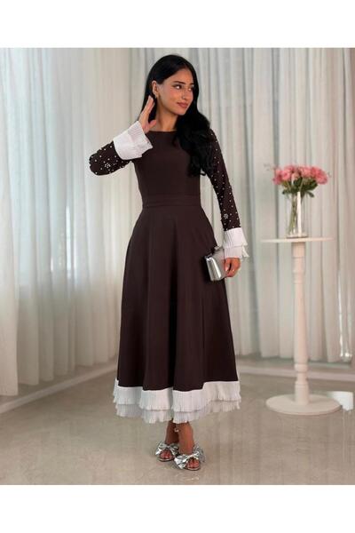 STYLENOVA Brown midi dress with pearl-embellished sleeves