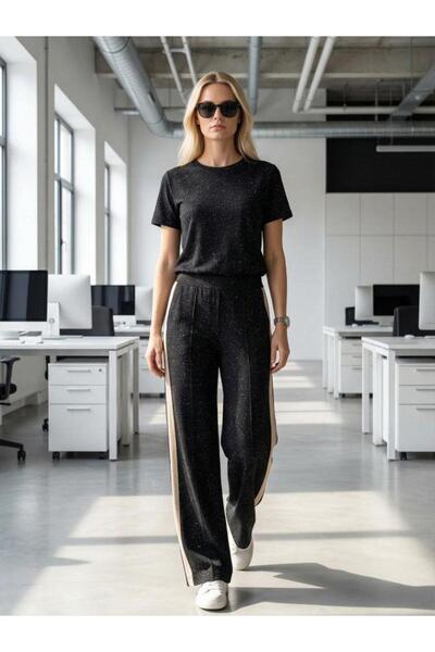 Kokoşum Butik 7492 Suit with Glitter Stripes on the Sides, Black